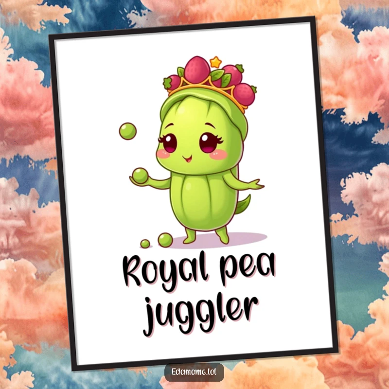 Funny poster of a cheerful edamame pod wearing a berry tiara, juggling peas expertly, bringing a delightful and humorous artistic touch.