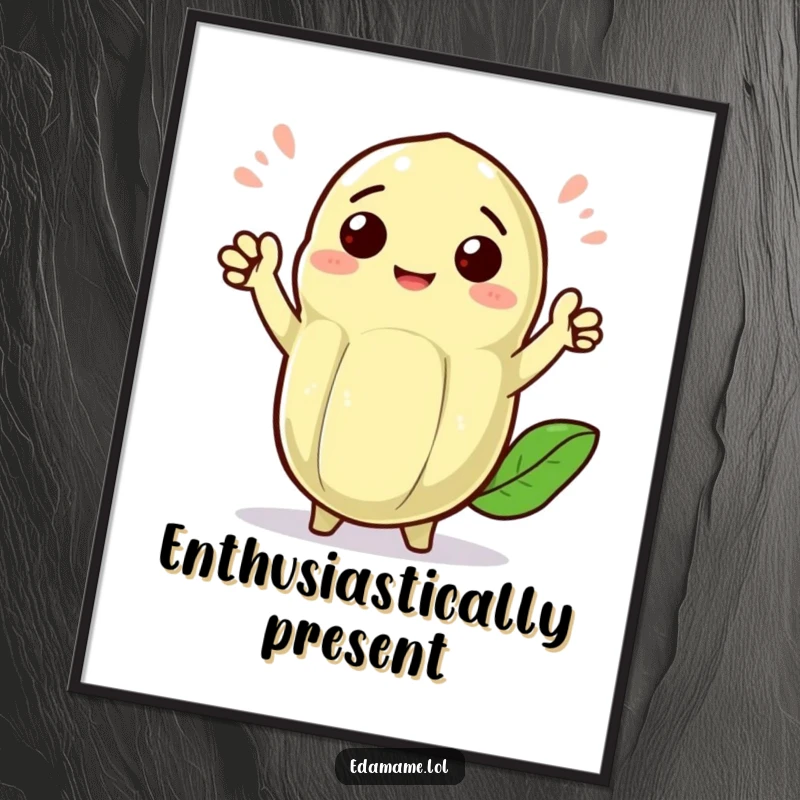 Funny cheerful edamame pod with tiny arms waving enthusiastically, presented as a vibrant and funny poster art print.
