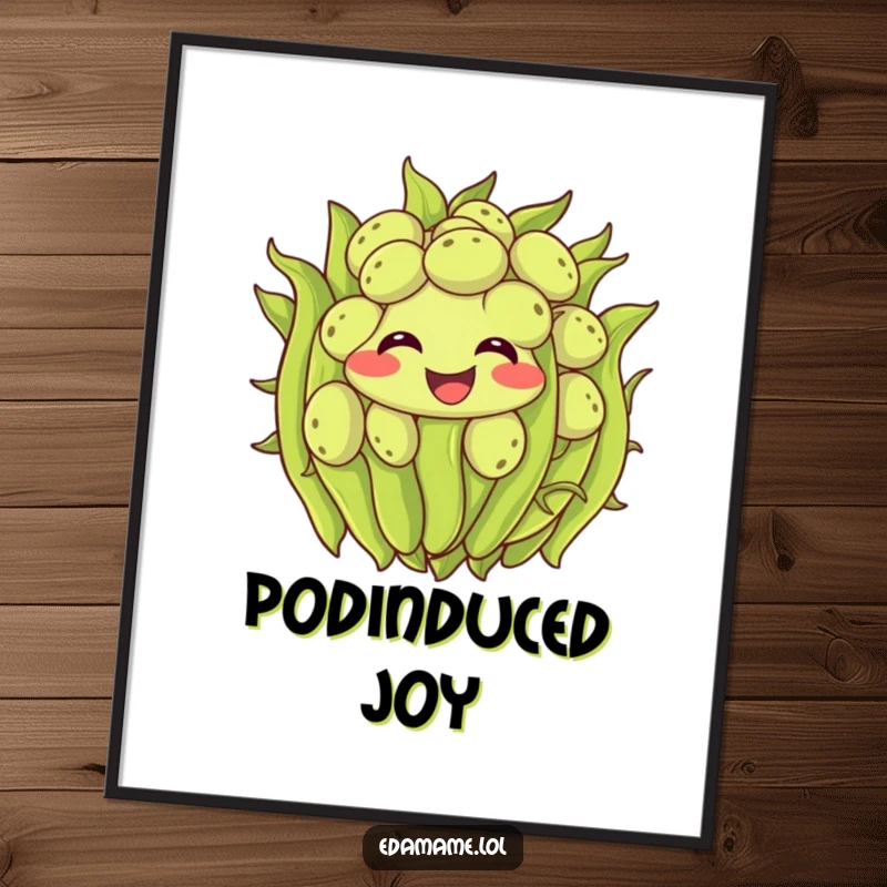 Funny edamame poster showcasing a smiling cluster of green beans wiggling with pure excitement, a cheerful and humorous wall decoration.