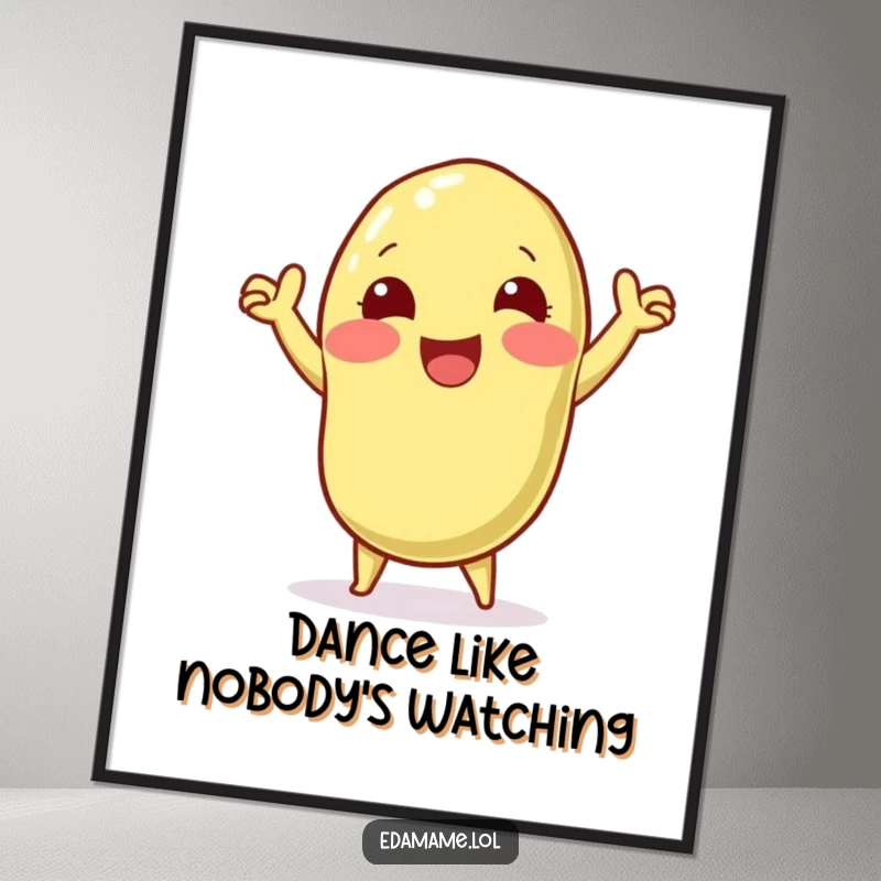 Funny poster featuring a jubilant edamame pod character caught mid-victory dance, radiating happiness and celebratory energy, a fun gift.