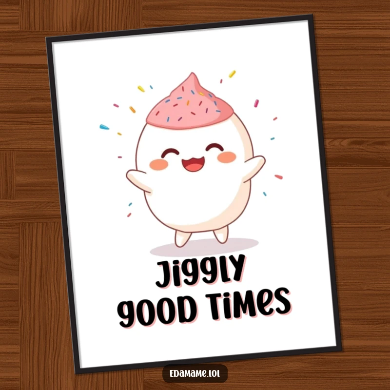 Funny Poster of a giggling mochi character dancing energetically with sprinkles flying, a joyful and sweet artwork.