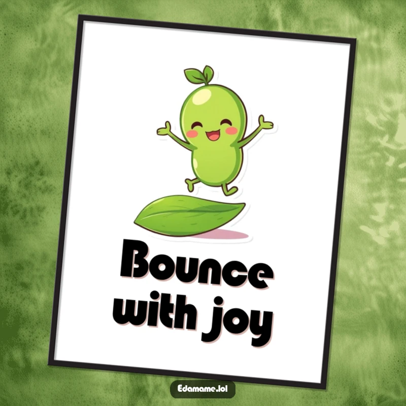 Funny green bean character in a dynamic bouncing pose on a leaf, presented as a delightful wall poster.