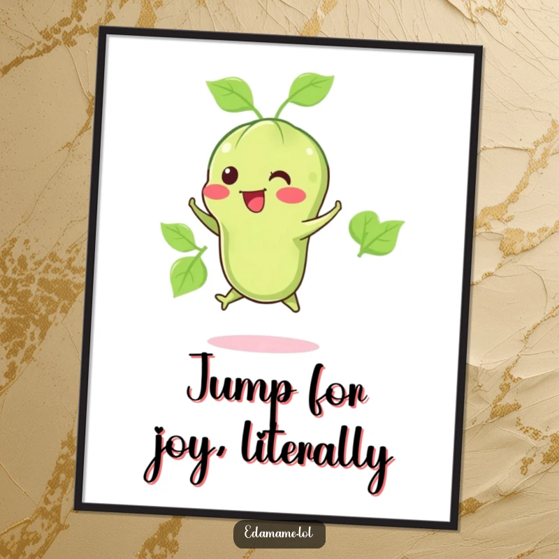 Funny art print of a happy edamame pod doing a little jump, bringing whimsical joy and healthy vibes to wall decor.