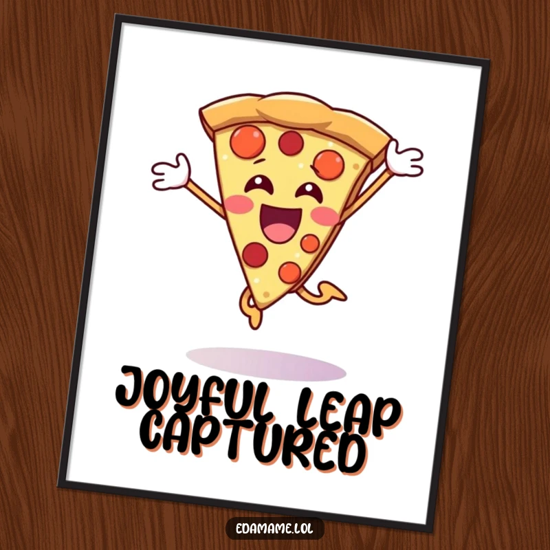 Funny Pizza Slice Poster of a character jumping with excitement, adding a splash of color and happiness to any wall.
