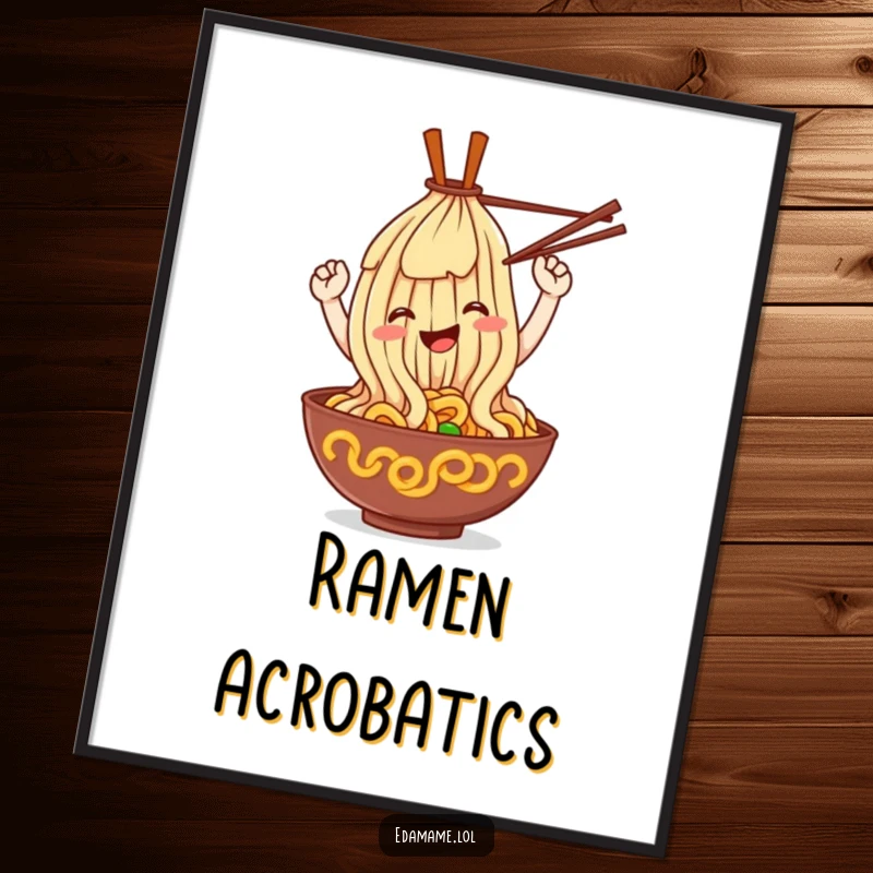 Funny ramen noodle poster, a smiling noodle character looping with chopsticks, playful food-themed wall art.