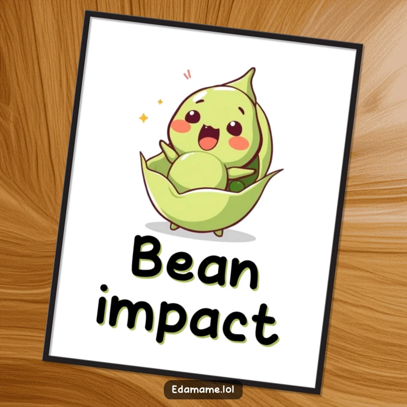 Funny edamame poster depicting a surprised character launching from its pod, capturing a moment of humorous shock.