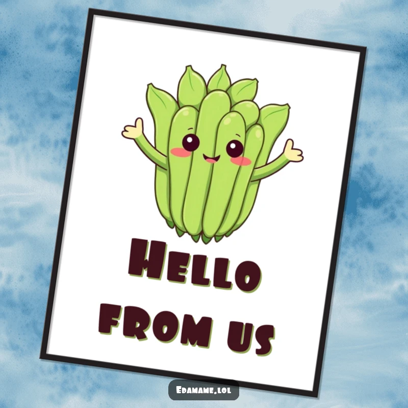 Funny poster of a cheerful edamame cluster with arms waving, ideal for humorous wall decor.
