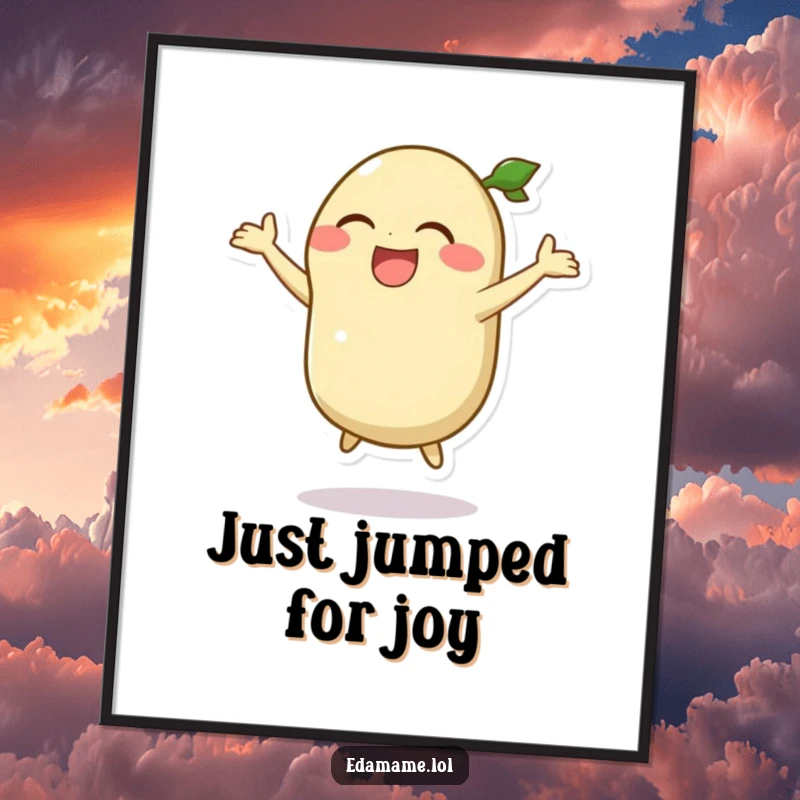 Funny poster print of a laughing edamame pod character in mid-air during a silly jump, radiating infectious energy.