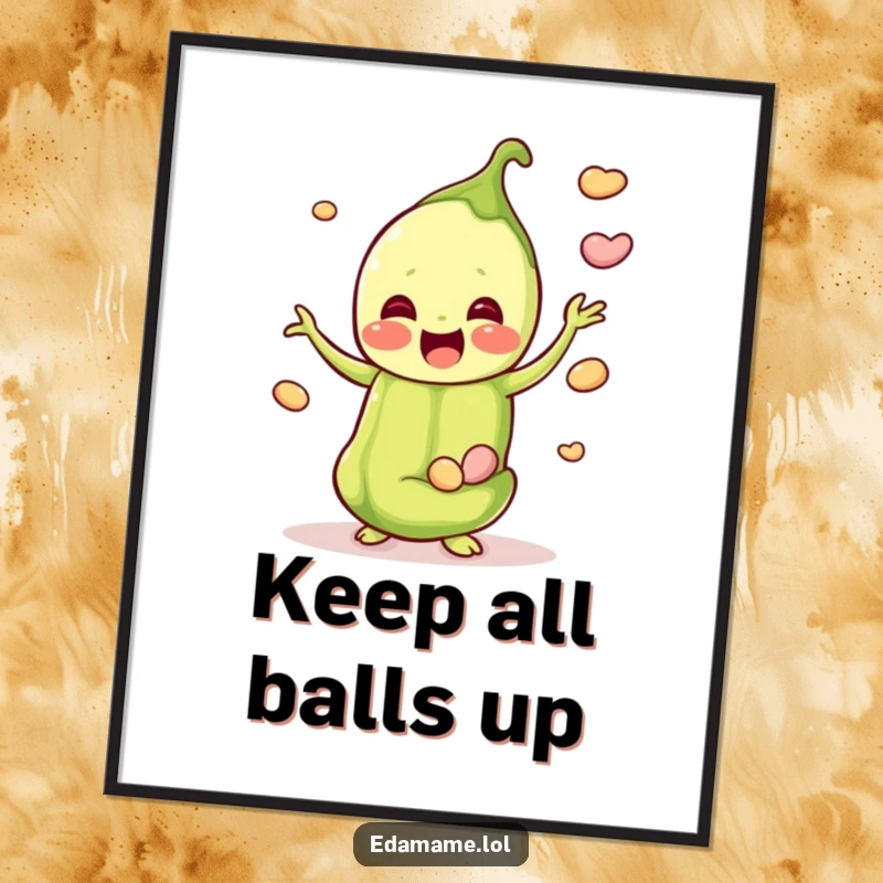 Funny poster art of a joyful edamame pod juggling smaller beans, creating a lively and amusing atmosphere.