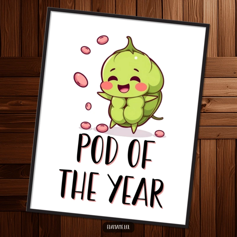 Funny edamame pod poster artfully juggling smaller beans, a cheerful and healthy addition to wall decor.