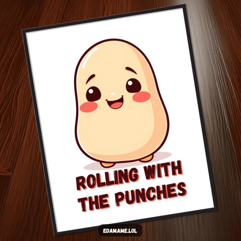 Funny soy bean rolling poster showcasing a joyful bean with a face as it rolls with infectious excitement.