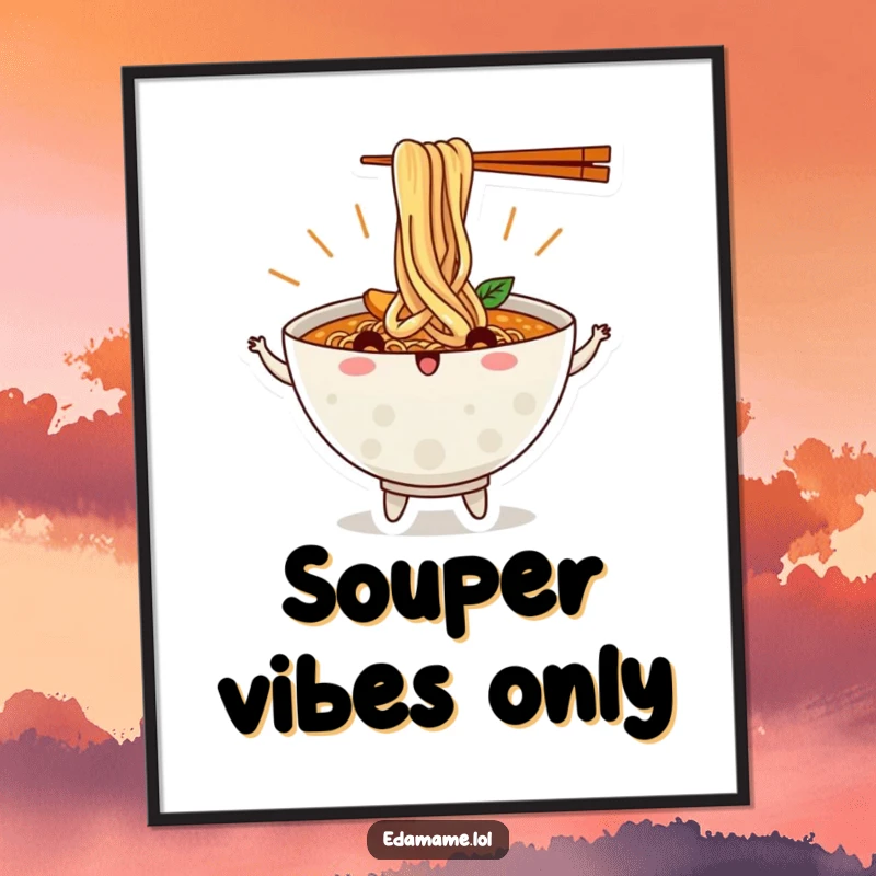 Funny Ramen Bowl Poster featuring Energetic Dancing Noodles, a Whimsical and Humorous Art Piece