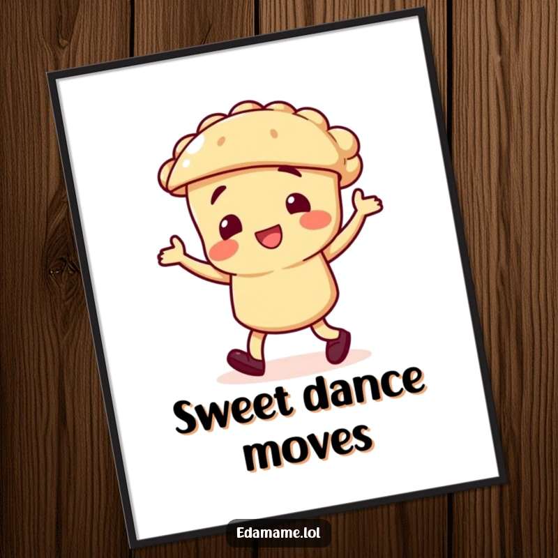 Funny poster illustration of a pie character gleefully doing a silly jig, bringing a burst of joyful, dessert-themed celebration.