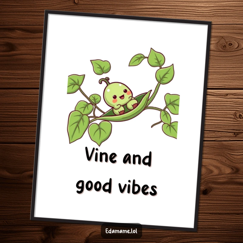 Funny pea pod poster illustrating a joyful anthropomorphic pod happily sliding down a lush green vine, perfect wall art.