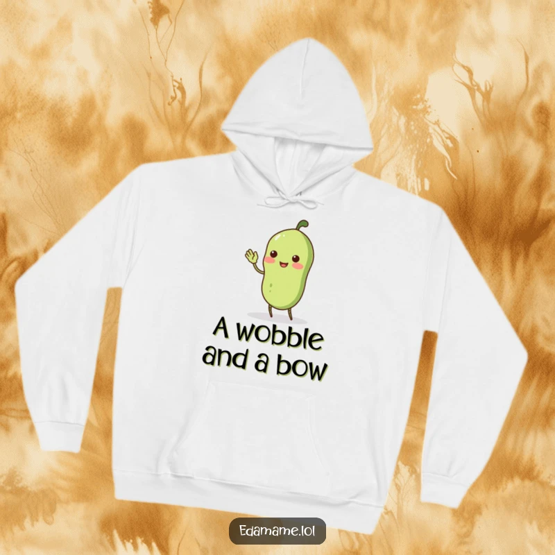 Funny wobbly edamame pod with stick legs doing a comical curtsey, featured on a cozy hoodie, bringing playful charm.