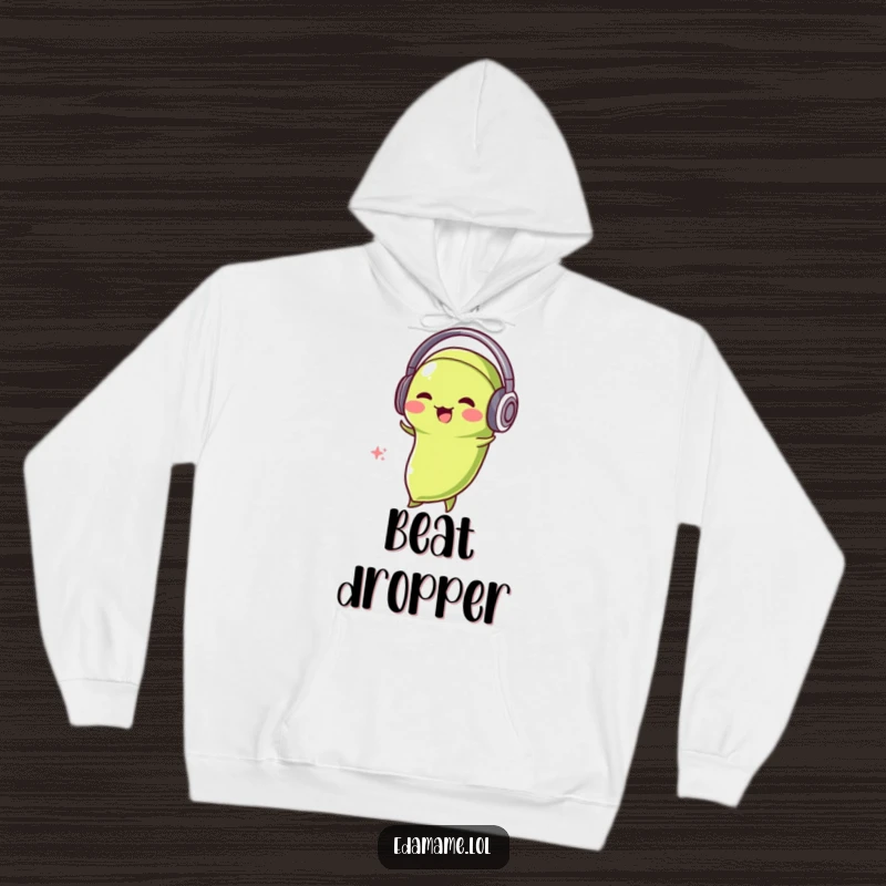 Funny Edamame DJ Hoodie with a cool edamame character wearing headphones and bobbing its head.