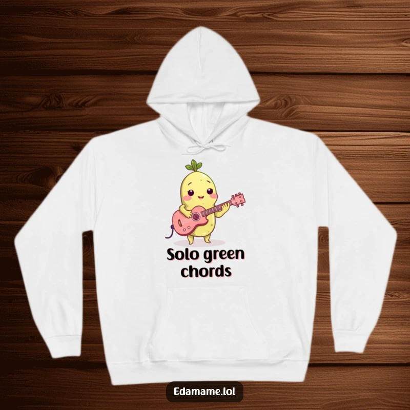 Funny hoodie featuring an edamame bean rocking out on a tiny guitar, providing warmth and a dose of musical humor.