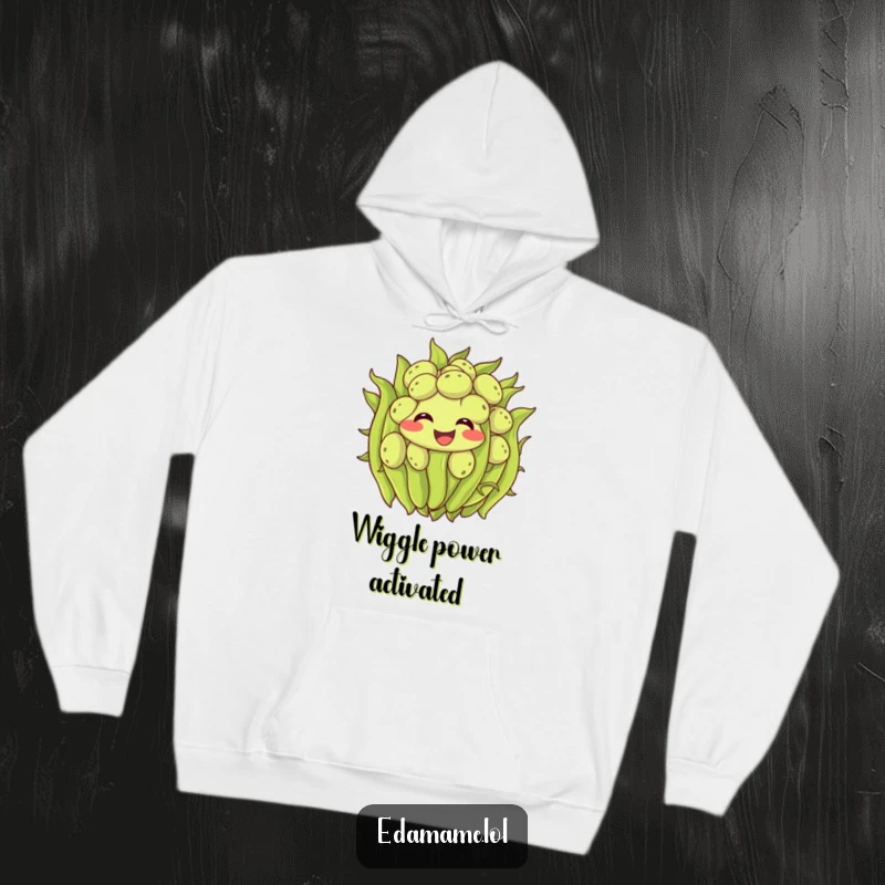 Funny edamame hoodie depicting a smiling, wiggling cluster of green beans ready for a good time, a cozy and humorous apparel.