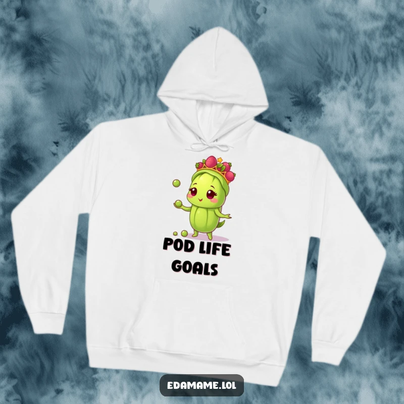 Funny hoodie featuring an edamame pod wearing a berry tiara, juggling peas, offering warmth and a charming, humorous visual.