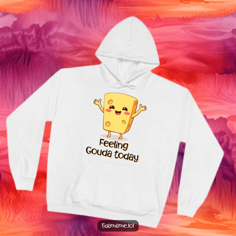 Funny hoodie showcasing a smiling cheese wedge in a comical jig, offering warmth and a good dose of silly humor.