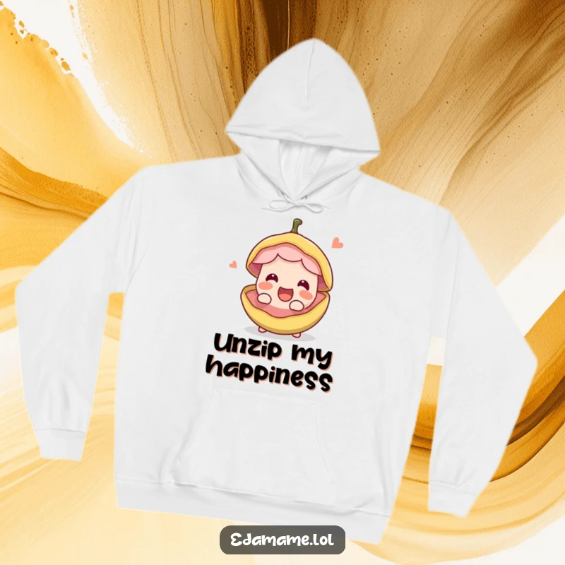 Funny happy edible bean pod splitting open with excitement, featured on a soft hoodie. Humorous and warm, ideal funny gift.