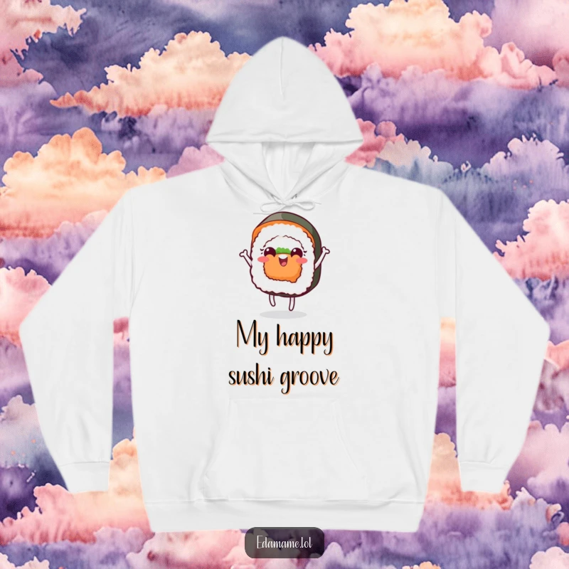 Funny hoodie showcasing a cheerful sushi roll with a face doing a playful dance, offering warmth and a dose of sushi-fueled fun.