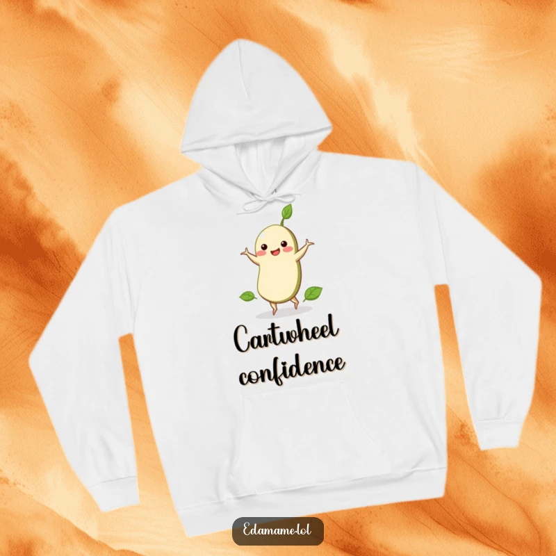 Funny hoodie featuring a smiling edamame bean mid-cartwheel, providing warmth and a dose of lively humor.