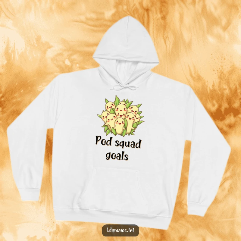 Funny hoodie showcasing a cheerful group of edamame beans in a snug, friendly huddle, offering comfort and humor.