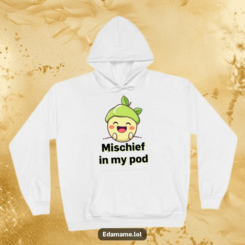 Funny Hoodie: A cozy hoodie showcasing a happy edamame pod peeking out with a wide, mischievous grin, perfect for playful days.