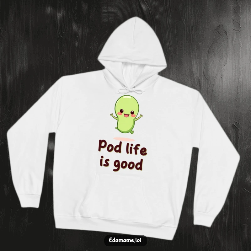 Funny happy edamame bean hoodie, a joyful edamame jumping from its open pod, comfortable and humorous.