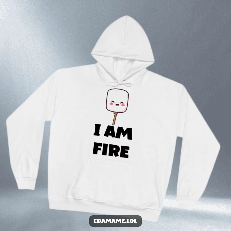 Funny hoodie featuring a cheerful marshmallow character popping off a stick, offering cozy comfort and a humorous, sweet design.