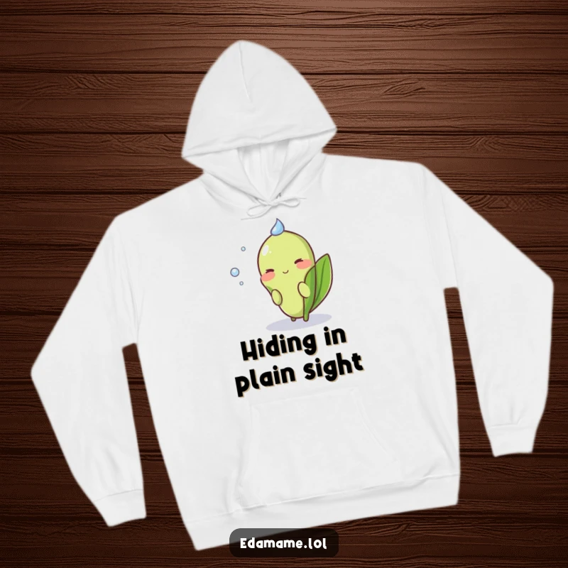 Funny Shy Edamame Hoodie featuring a blushing pod peeking demurely from behind a dewdrop, cozy and cute.
