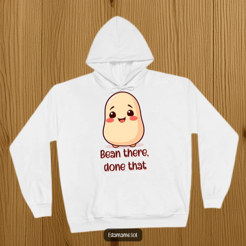 Funny soy bean hoodie showing a smiling bean character in the act of rolling excitedly, a cozy and humorous addition.