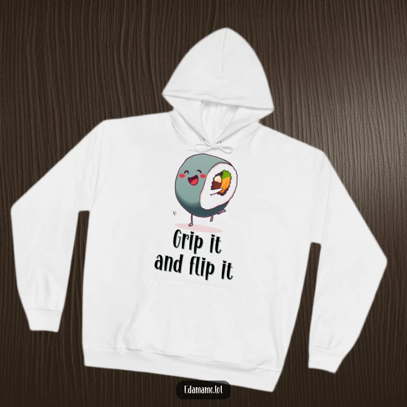 Funny Sushi Roll Hoodie with a delighted Sushi performing a cartwheel, perfect for casual, fun wear