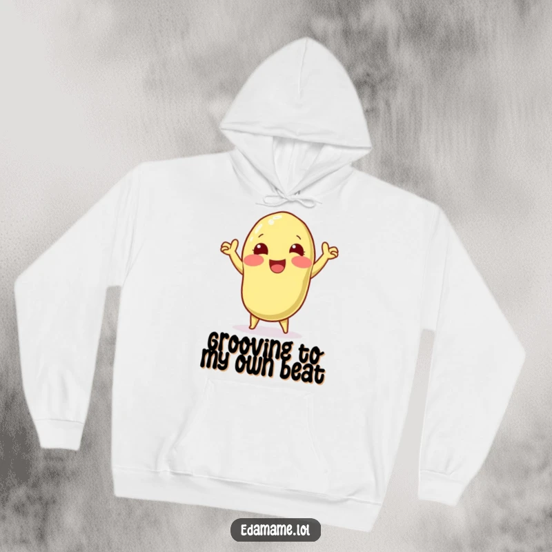 Funny hoodie with a delighted edamame pod character doing a fun victory dance, ideal for cozy celebrations and spreading cheerful vibes.