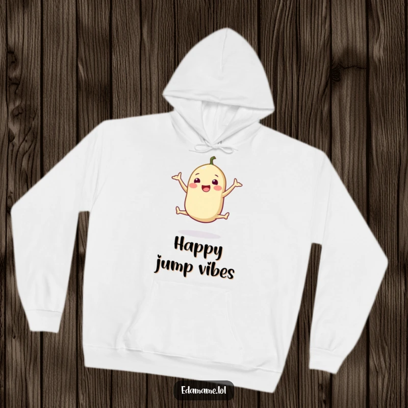 Funny hoodie featuring a happy edamame pod doing a cheerful split jump, perfect for staying warm and motivated.