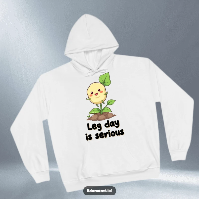 Funny pod hopping hoodie showcasing a happy plant character with small legs, joyfully hopping on its plant.