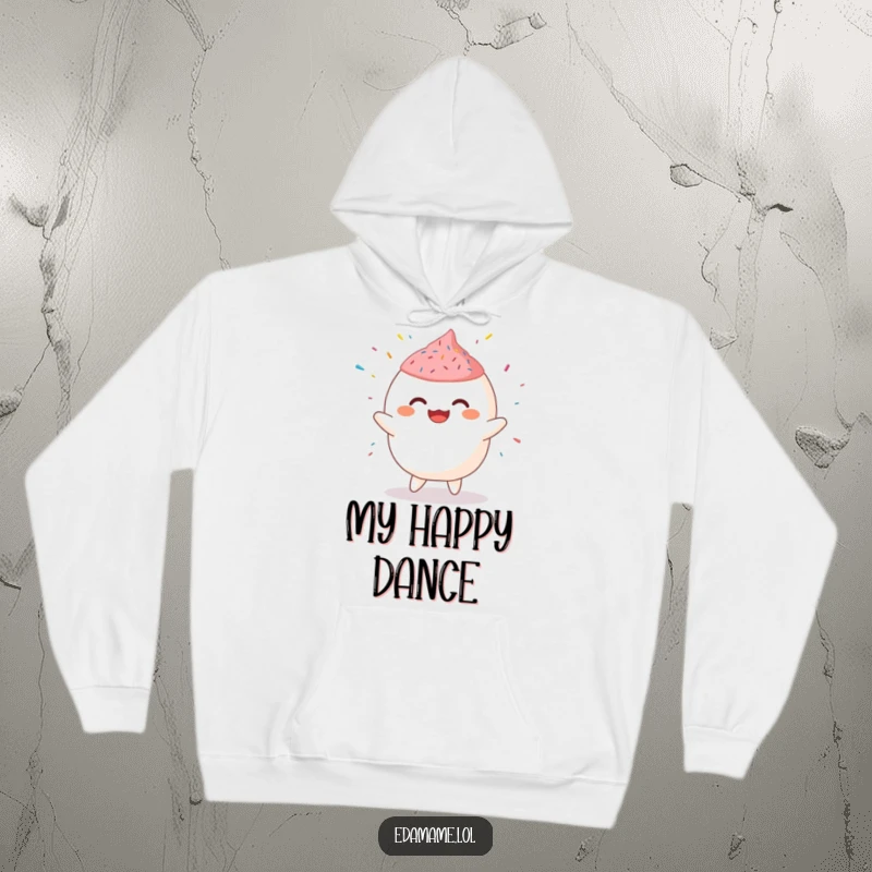 Funny Hoodie featuring a giggling mochi character mid-dance with sprinkles, offering warmth and sweet cheer.