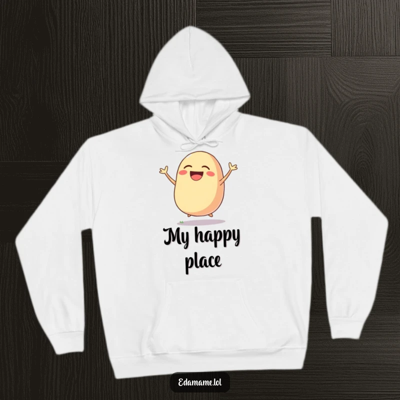 Funny hoodie featuring a laughing bean pod in mid-air, demonstrating boundless joy and a humorous, energetic spirit.