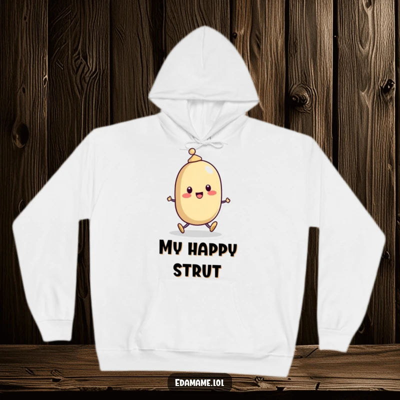 Funny Hoodie: A cozy hoodie showcasing a cheerful bean character with a tiny hat, happily skipping along with a smile.