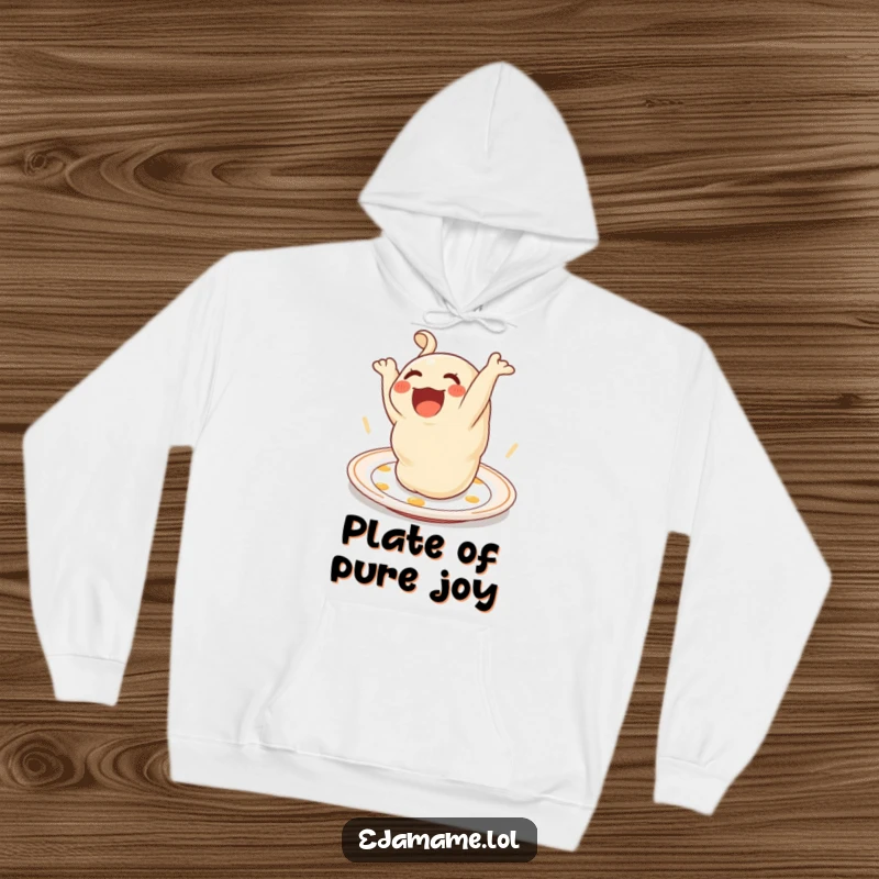 Funny Hoodie featuring a delighted dumpling doing a somersault on a plate, offering warmth and culinary cheer.