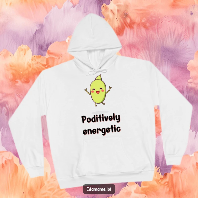 Funny hoodie showcasing a pod of smiling edamame with tiny legs, caught in a cheerful jump, offering warmth and playful fun.