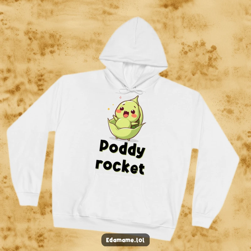 Funny edamame hoodie showing a surprised character being propelled from its pod, embodying shock and humor.