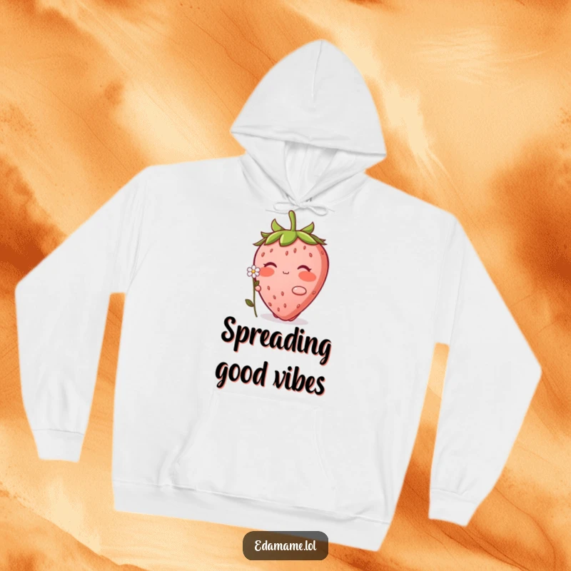 Funny Strawberry Hoodie: A warm and cozy hoodie featuring a blushing strawberry character offering a tiny flower with a sweet demeanor.
