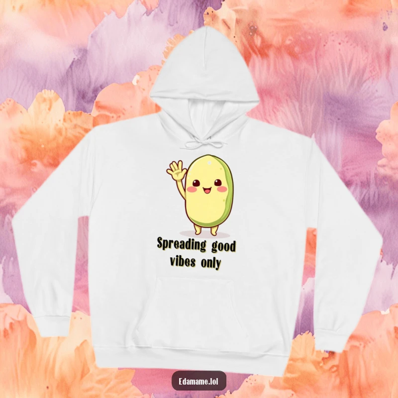 Funny hoodie with a cheerful edamame pod character waving enthusiastically, offering cozy comfort and a warm, friendly message.