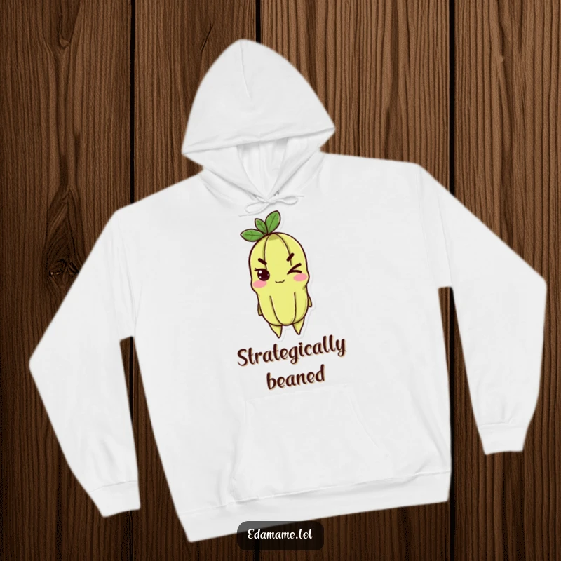 Funny edamame hoodie featuring a happy character with a determined, cheeky wink, embodying playful confidence.