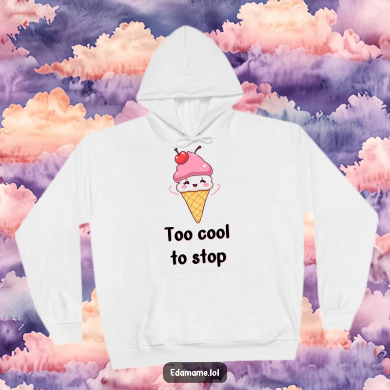 Funny Ice Cream Cone Hoodie, showcasing a cherry hat spinning with glee, offering comfort and humor.