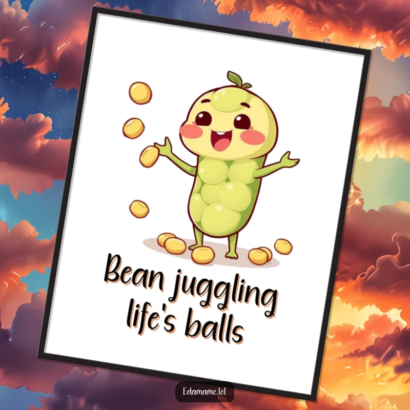 Funny free printable wall art of a happy edamame pod juggling several smaller beans with impressive skill.
