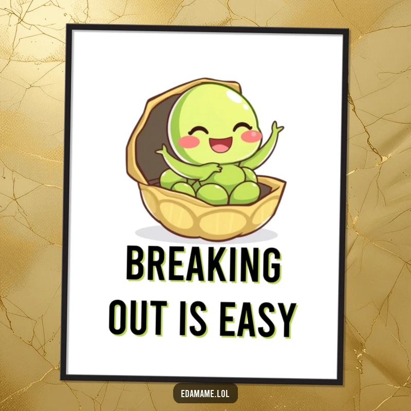 Funny Free Printable Wall Art showing a giggling edamame pod leaping energetically out of its shell, bringing joy and humor.