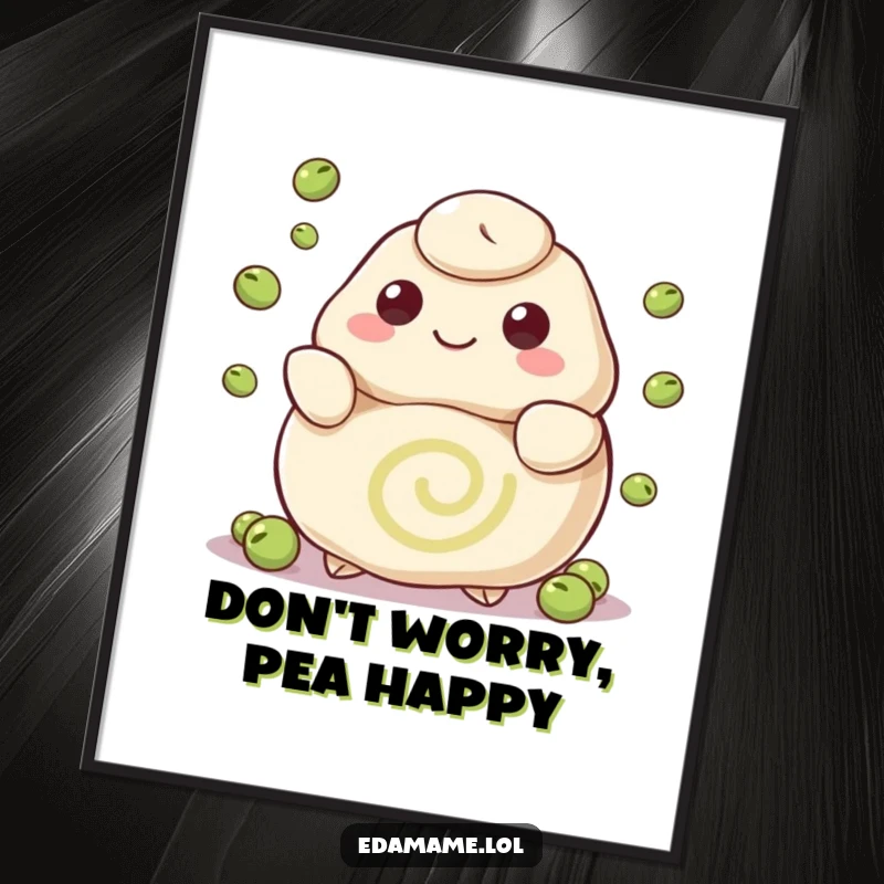 Funny Free Printable Wall Art: A happy dumpling with a swirl pattern juggles tiny peas, creating a playful and charming decor piece.
